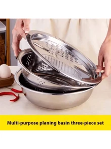 三件套不锈钢厨房备餐套装：集成式刨丝器、多功能滤网和带沥水系统的碗，用于清洗、切片水果、蔬菜和奶酪。