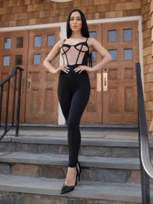 Carolina Barros Two Tone Contrast Mesh Bustier Cami Unitard Jumpsuit Party Outfit - Black - View 2