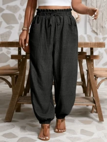 Casual Solid Color Ruffle Elastic Waist Straight Leg Drawstring Pants, Versatile - Black - View 1