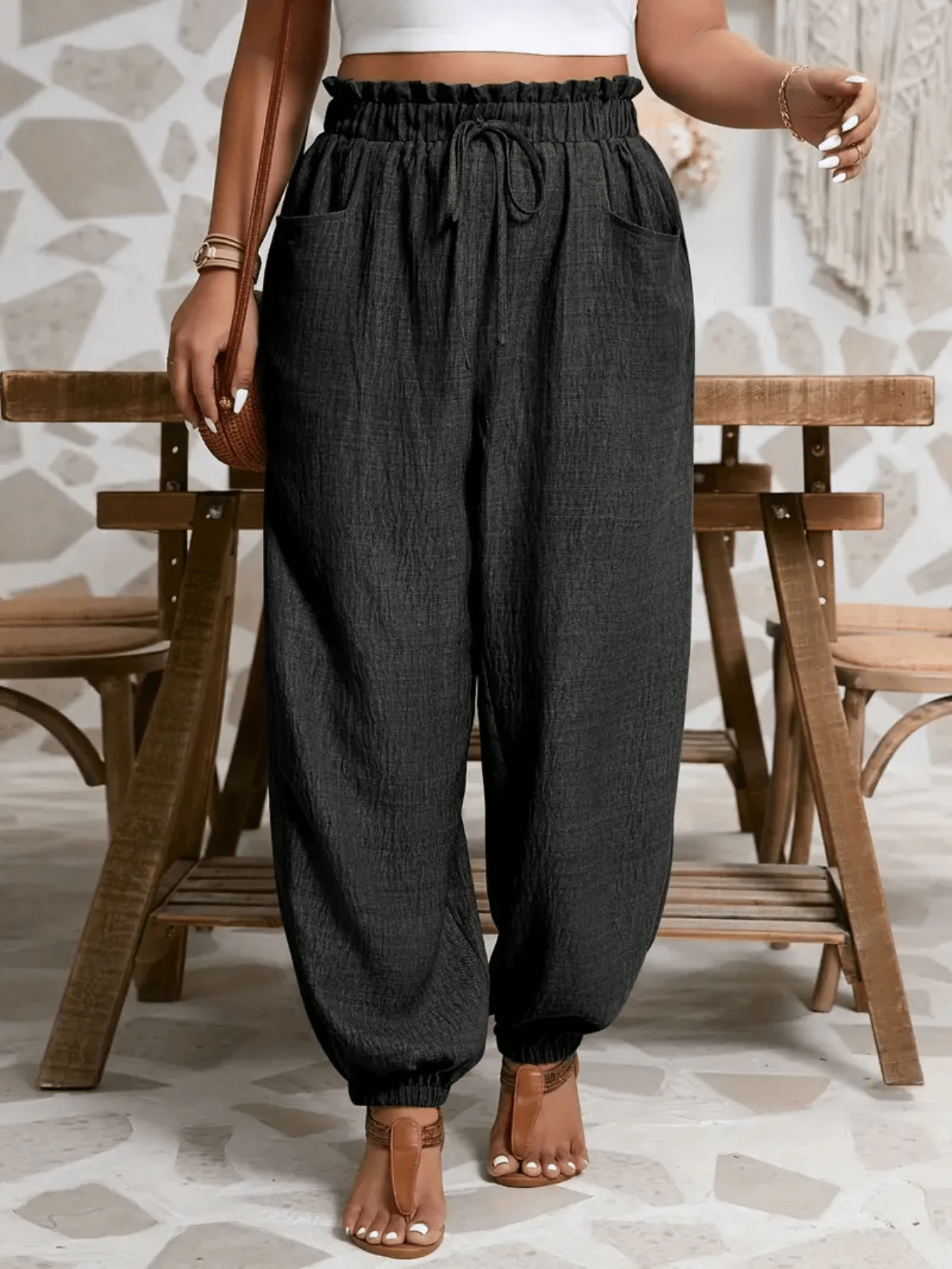 Casual Solid Color Ruffle Elastic Waist Straight Leg Drawstring Pants, Versatile - Black - View 1