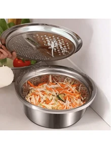 三件套不锈钢厨房备餐套装：集成式刨丝器、多功能滤网和带沥水系统的碗，用于清洗、切片水果、蔬菜和奶酪。