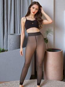 1双秋冬季女士仿透明打底裤羊毛加厚连体裤 - 黑色 - 查看 10