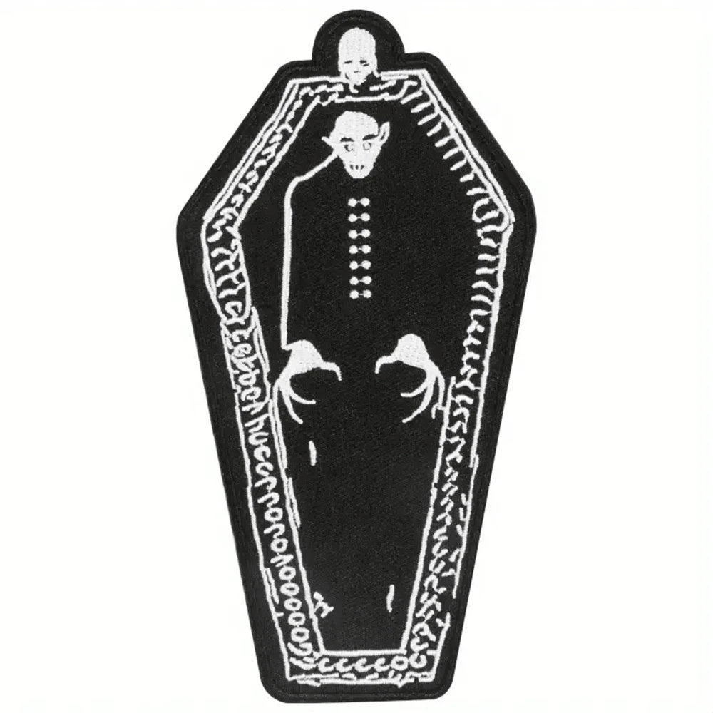 1pc Gothic Punk Vampire Coffin Embroidered Patch - Black & White Iron-On Badge For Jackets, Trucker Hats, Clothing - Rebellious Dark Fantasy Gift For Edgy Style, Intricate Embroidery | Detailed Craftsmanship, Goth Accessories - 混色 - 查看 1
