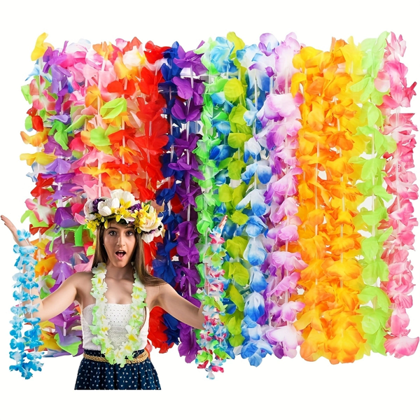 24pcs Hawaiian Flower Leis Necklace Party Decorations, Colorful Tropical Flower Leis Necklace For Hawaiian Theme Party, Summer Beach Flower Wreaths