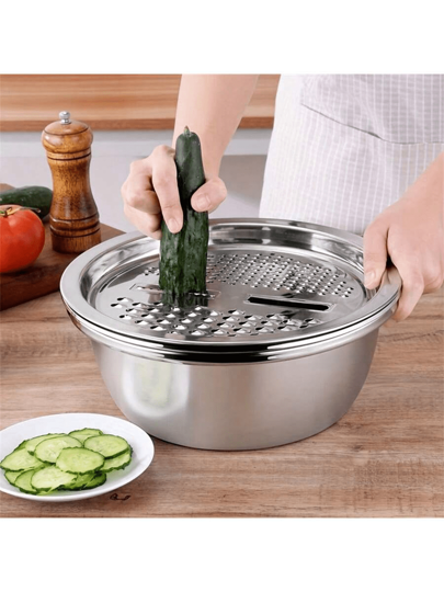 3 Piezas Juego de Preparación de Alimentos de Acero Inoxidable: Rallador Integrado, Colador Multifuncional y Tazón de Mezcla con Sistema de Drenaje para Lavar, Rebanar Frutas, Verduras y Queso