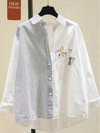 女式加大码纯色优雅条纹长袖单排扣衬衫