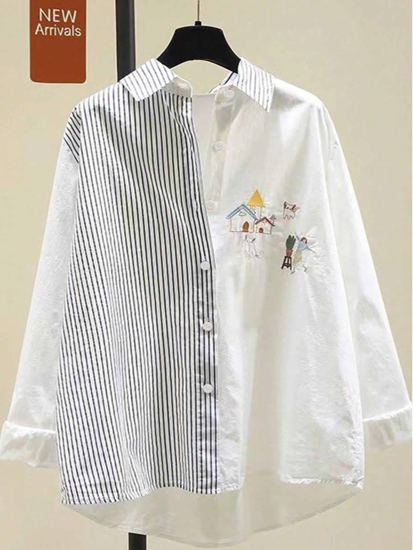 Áo sơ mi dài tay kẻ sọc màu trơn thanh lịch dành cho nữ cỡ lớn, màu trắng, kiểu dáng cài cúc đơn, thích hợp cho mùa xuân. - trắng - Xem 1