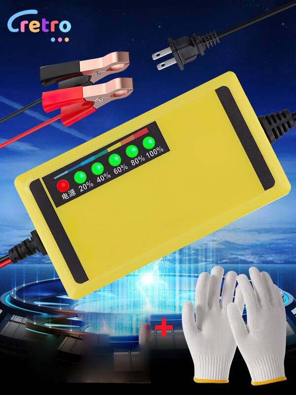 CcRetro Cargador de batería de 20 Ah 12 V con un par de guantes blancos, adecuado para motocicletas, cargadores de batería de automóvil, reparación de baterías domésticas