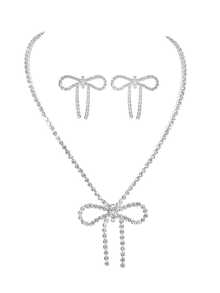 3 件套女士简约优雅 CZ 水晶蝴蝶项链和耳环首饰套装，闪亮方晶锆石新娘婚礼派对配饰 - 項鍊套裝 - 查看 4