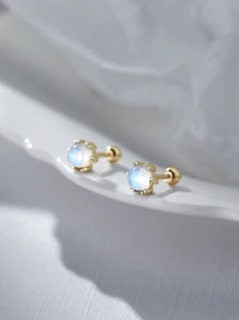 2pcs Moonstone Earrings For Women, Minimalist Summer Stud Earrings With Screw Back Closure, Petite Ear Jewelry For Daily Wear