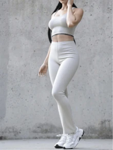 Conjunto de 2 piezas de top  y pantalones de mujer en unicolor, conjunto de ropa casual - Gris Claro - Ver 3