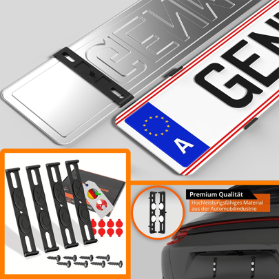 Set de 4 portaplacas de matrícula estándar europeo, de tamaño 520x110mm que se ajusta a todos los coches, para instalación frontal y trasera de placas europeas (excepto Austria), de material ABS, resistente al agua y a los golpes, de fácil instalación, con cierre , incluye tornillos y pegatinas.