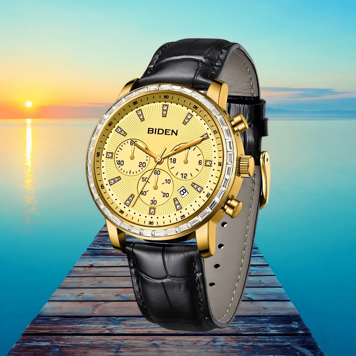 BIDEN 时尚男士手表、计时手表、男士商务休闲防水手表、男士皮革石英手表
