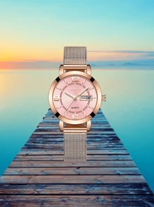 BIDEN BIDEN Fashionable Women's Quartz Watch, Waterproof Calendar Stainless Steel Mesh Strap, Elegant Women's Watch, Rose Gold Women's Clock