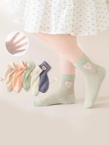 5双春夏薄款卡通心形中筒袜，柔软舒适透气网眼袜，清凉船袜，适合1至14岁女童
