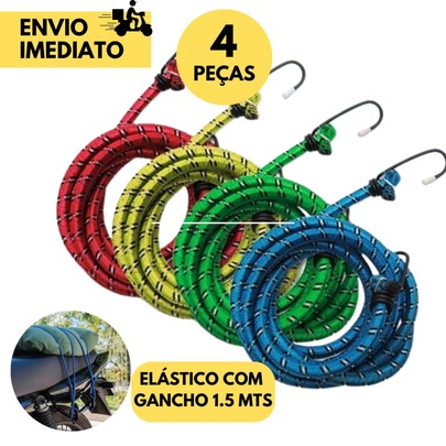 KIT 4 Corda Elástica Bagageiro Moto 1,50m x 8mm com 2 Ganchos Colorida Ideal Motoboy Forte e Seguro Reforçada