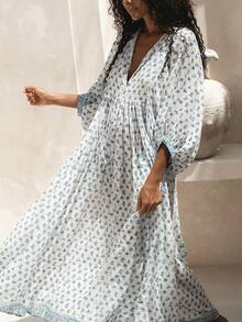 Women Summer Long Dress 3/4 Sleeve V Neck Floral Print Sundress Loose Fall Casual Dresses Daily Outwear Streetwear