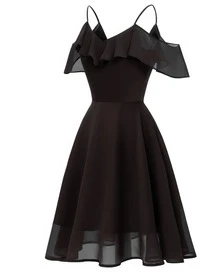 Fitglam Cute Women's Chiffon Short Dress Spaghetti Straps Party Dress A-Line V-Neck Homecoming Graduation Dress - 黑色 - 查看 4