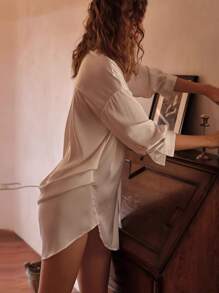 Solid Button Front Satin Robe With Thong