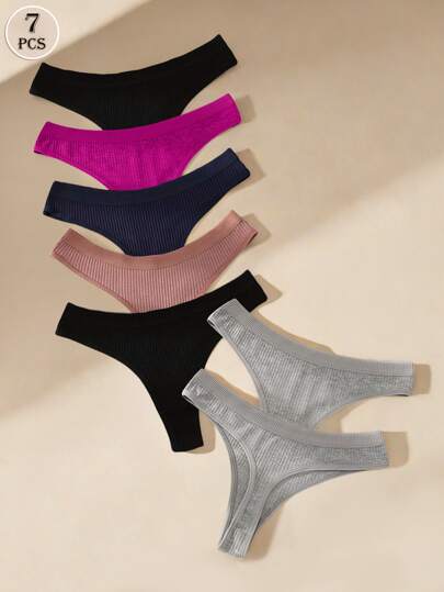 7pcs/Set Women Solid Color Simple Breathable Thong Underwear, Yoga Sports Briefs
