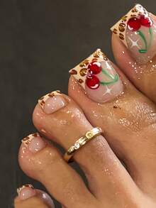 24 件短方形脚趾甲片，豹纹红樱桃经典法式脚趾甲美甲套装（包含 1 个指甲锉、1 瓶指甲胶），适合女性日常佩戴、约会、派对按压式指甲美甲用品