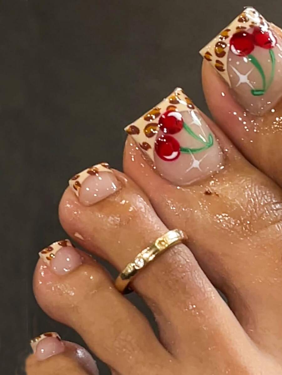 24 件短方形脚趾甲片，豹纹红樱桃经典法式脚趾甲美甲套装（包含 1 个指甲锉、1 瓶指甲胶），适合女性日常佩戴、约会、派对按压式指甲美甲用品