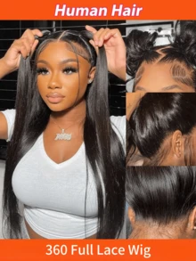 隐形抽绳360度全蕾丝假发，长直发真人发假发，隐藏式可调节绑带，150%密度，透明蕾丝前额假发，预先拔毛，带婴儿发，自然黑色，18-36英寸，女士圣诞礼物，新年派对假发，节日假发，节日风格 - SNatural - 查看 8