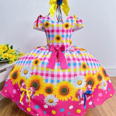 Vestido Infantil Festa Junina e São João Arraiá Xadrez Rosa Colorido