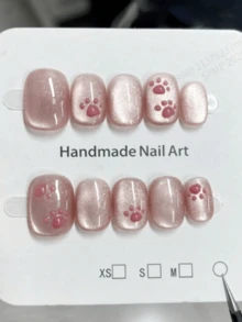 10Pcs Cute Cat Claw Nail Art Pink Cat Eyes Look White Sweet Girl Wearing Armor Short Style Pure Handmade Reusable False Armor Sheet Press On Nails Nail Supplies Nails - Pink - View 1