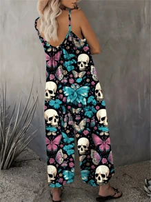 Summer Fashionable Skeleton Print Jumpsuit, Knitted Material With Pockets, Suitable For Festivals And Daily Wear, Spring/Summer - Blue - View 3