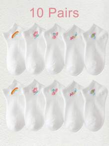 10 Pairs Random Color & Style Girl's Letter Mesh Breathable Ankle Socks, Suitable For Everyday Wear