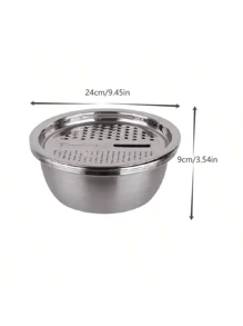 三件套不锈钢厨房备餐套装：集成式刨丝器、多功能滤网和带沥水系统的碗，用于清洗、切片水果、蔬菜和奶酪。