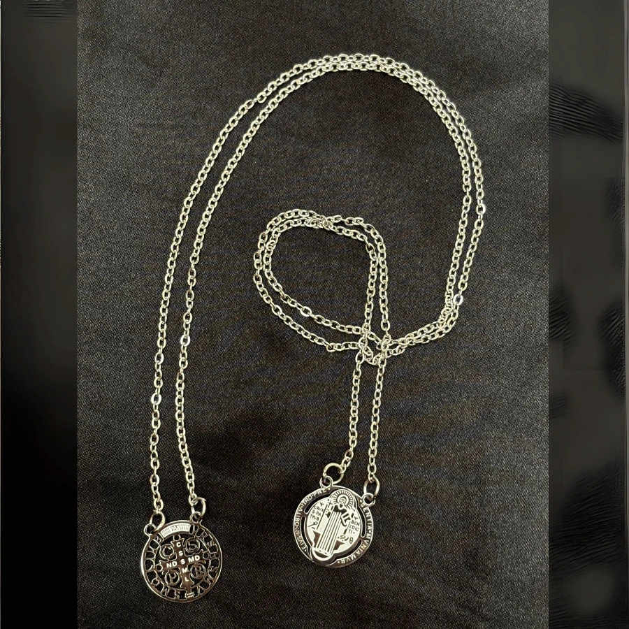Scapular Medal Saint Benedict In Stainless Steel Men's Chain Necklace 70cm Gold Plated - Antique Silver - View 1