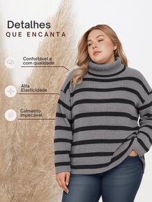 Marrie Tricot Striped Turtleneck Knit Blouse Cold Winter Elegant - than chì/đen - Xem 2