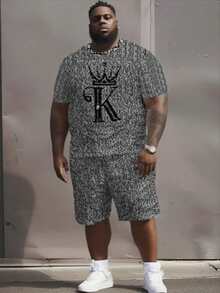 بدلة رياضية كاجوال مطبوع عليها الحرف K باللون الأسود للرجال كبار الحجم، مجموعة قمصان قصيرة الأكمام ذات رسومات حروف وأكسسورات كاجوال مرسومة، بأكمام قصيرة طقم عادي - متعدد الألوان - مشاهدة 1