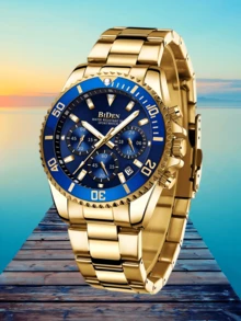BIDEN Đồng hồ đeo tay nam công sở, bấm giờ, dây đeo thép không gỉ, chống nước, lịch, dạ quang, đồng hồ thạch anh, đồng hồ đeo tay nam thường ngày, hộp quà và dụng cụ tháo dây đi kèm. - Vàng - Xem 2