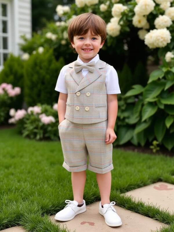3pcs Tween Boys Performance Outfit Set, Formal Suit, Pageboy Outfit For Wedding, Party, Includes Vest + Shorts + Bowknot