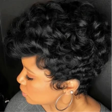 Short Pixie Wigs For Black Women Short Black Curly Pixie Wig Synthetic Short Hair Wigs For Black Women Natural Wavy Black Pixie Cut Wig (Natural Black) - 黑色 - 查看 4