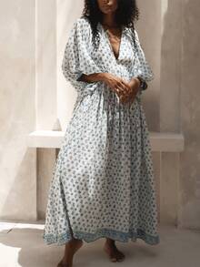 Women Summer Long Dress 3/4 Sleeve V Neck Floral Print Sundress Loose Fall Casual Dresses Daily Outwear Streetwear