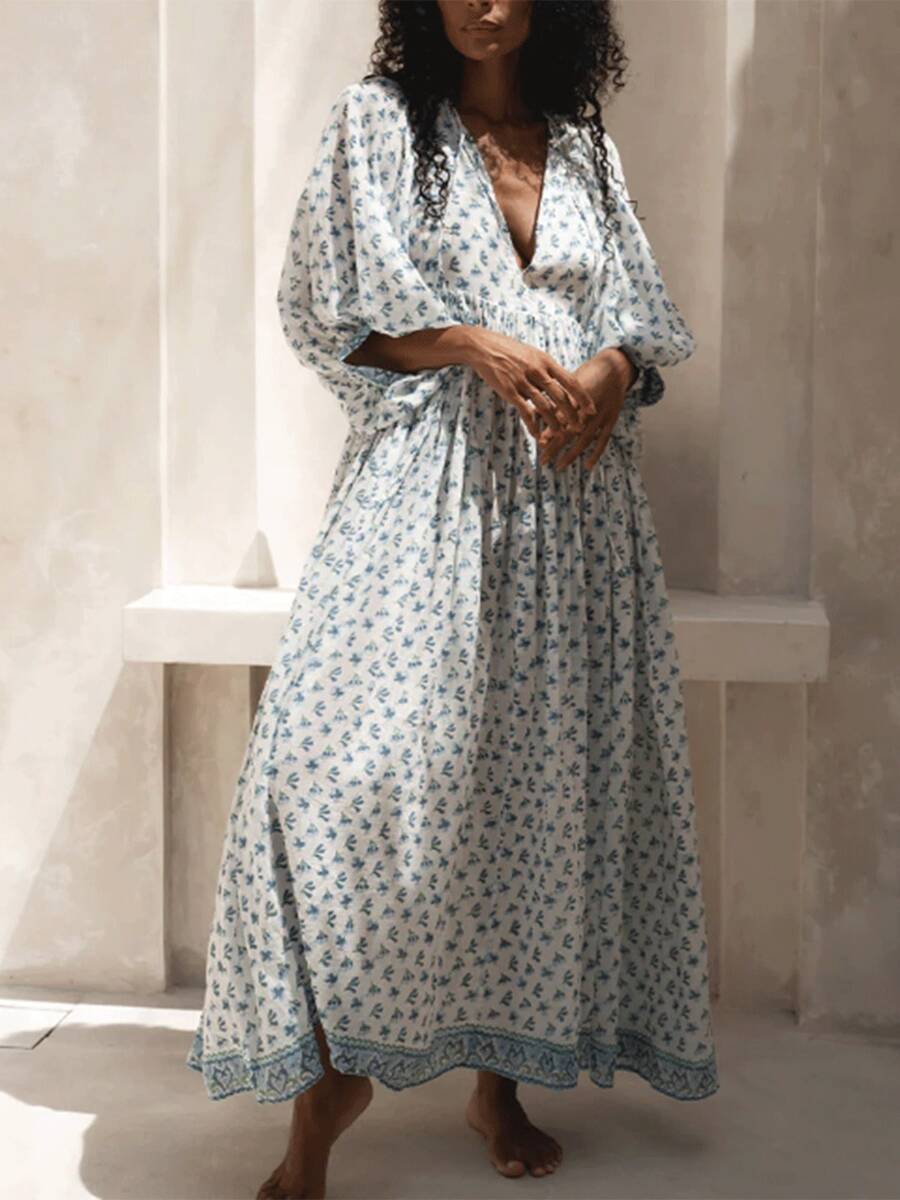 Women Summer Long Dress 3/4 Sleeve V Neck Floral Print Sundress Loose Fall Casual Dresses Daily Outwear Streetwear