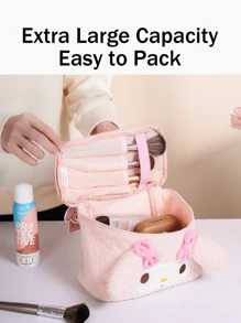 Sanrio 3D Plush Cosmetic Bag, Adorable Characters Design, Hello Kitty, My Melody, Kuromi & Cinnamoroll Designs, Extra Large Capacity & Wide Opening For Easy Packing, Soft Premium Quality Fabric With Double Zipper Closure, Perfect For Travel, Daily Use & As A Gift For Girl Friend