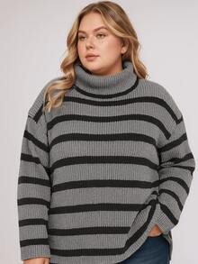 Marrie Tricot Striped Turtleneck Knit Blouse Cold Winter Elegant - than chì/đen - Xem 1
