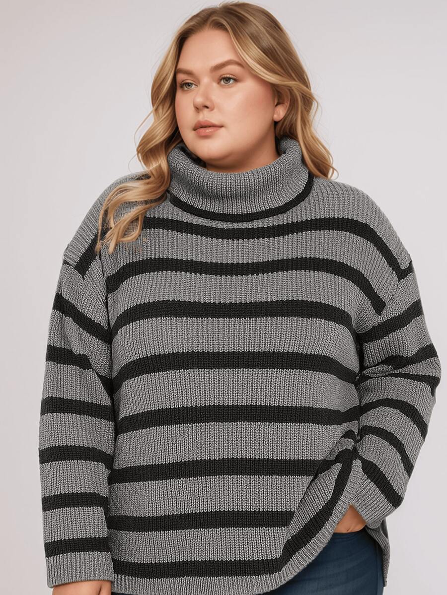 Marrie Tricot Striped Turtleneck Knit Blouse Cold Winter Elegant - than chì/đen - Xem 1