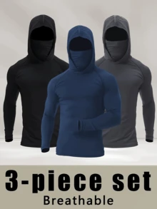 Sudadera deportiva de secado rápido para hombre (paquete de 3) con cubrebocas. Tejido de poliéster transpirable y altamente elástico para gimnasio, running y ropa informal en azul marino, negro y azul oscuro. - Multicolor - Ver 1