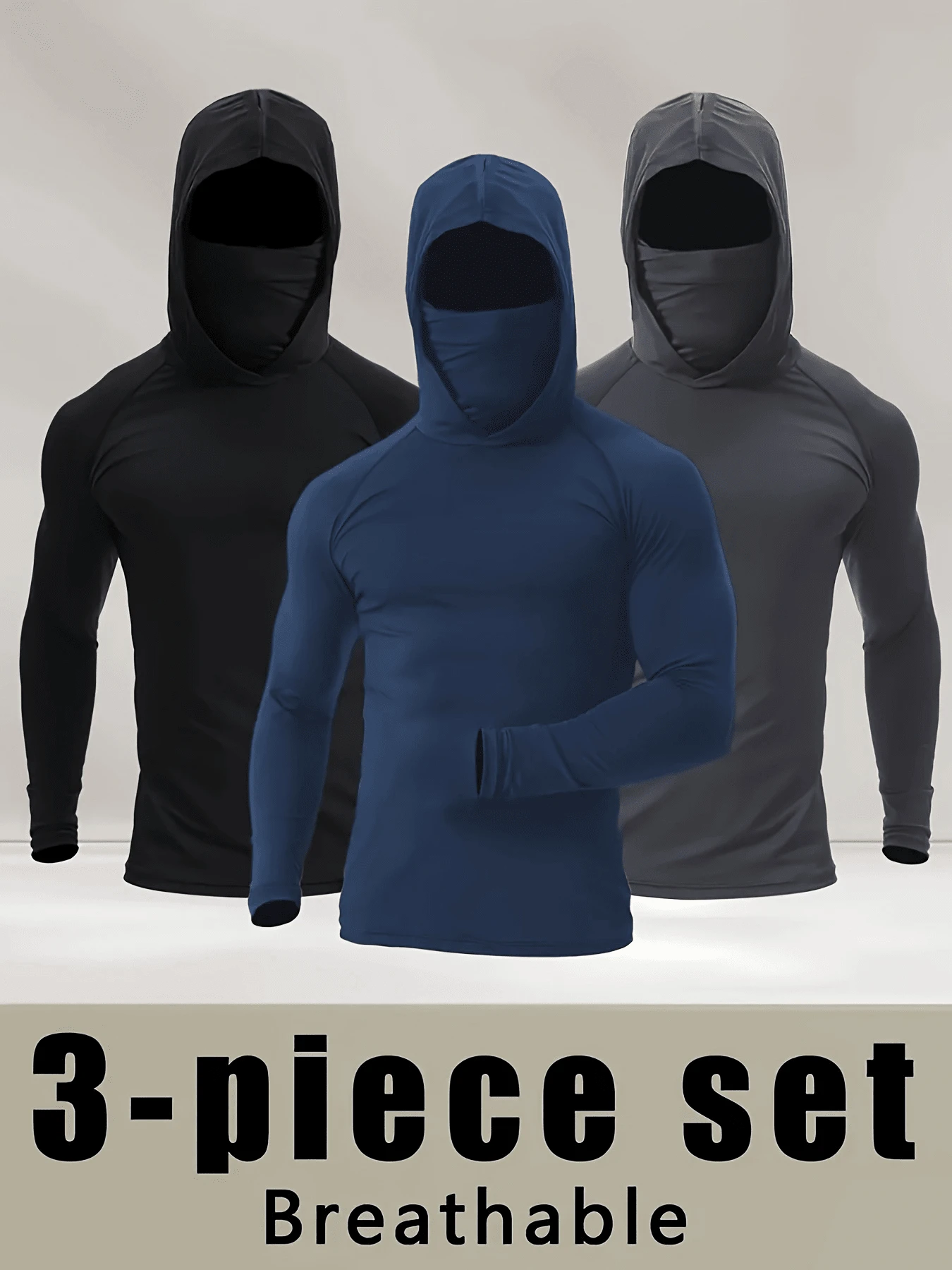 Sudadera deportiva de secado rápido para hombre (paquete de 3) con cubrebocas. Tejido de poliéster transpirable y altamente elástico para gimnasio, running y ropa informal en azul marino, negro y azul oscuro. - Multicolor - Ver 1