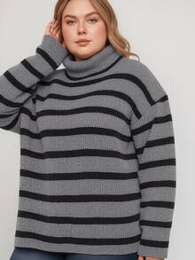 Marrie Tricot Striped Turtleneck Knit Blouse Cold Winter Elegant - than chì/đen - Xem 3