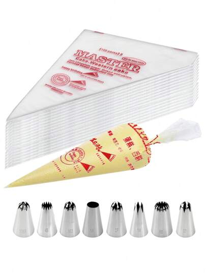 100PCS Clear Cream Bags With 8 Pieces Stainless Steel Piping Nozzles Set(6 Teeth, 8 Teeth, 15 Teeth), Disposable Pastry Bags, Cake Decorating Bags, Suitable For Homemade Cake, Macaron, Cookie,Icing Piping Bags For Cake Pastry Cupcake Decoration And Pastry Decoration,Cream, Mother's Day Gift
