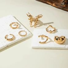 Juego de 7 pzs/4 pzs Anillos de mujer con flores recargadas al estilo europeo y americano, de aleación, con moño irregular retro francés, adecuado para decoración diaria o como regalo de mujer