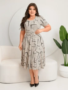 GODÊ MIDI DRESS WITH FULL SKIRT WITH BELT AND GEOMETRIC PRINT - Blanco - Ver 1