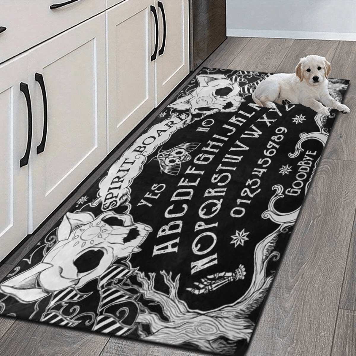1 pieza Alfombra de entrada con estampado de calavera, alfombra de área artística negra para sala de estar, baño, cocina, entrada, balcón, decoración del hogar, absorbe la suciedad, cafetería, bar, vacaciones, fiesta, dormitorio, baño, decoración de cocina